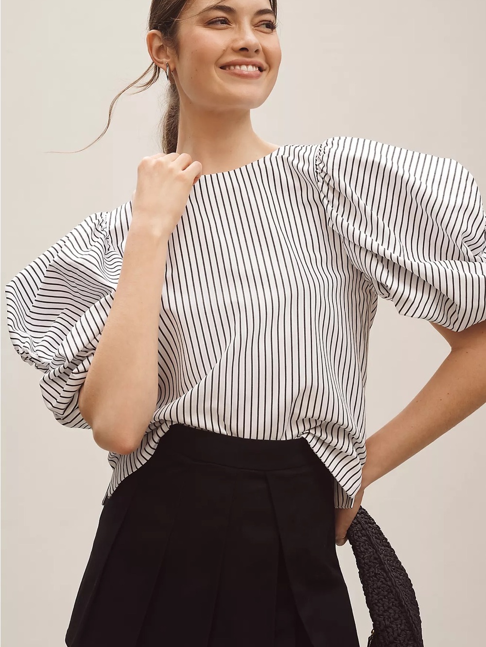 Anthropologie Maeve Puff-Sleeve Boatneck Top Striped Women’s Size Large Cotton